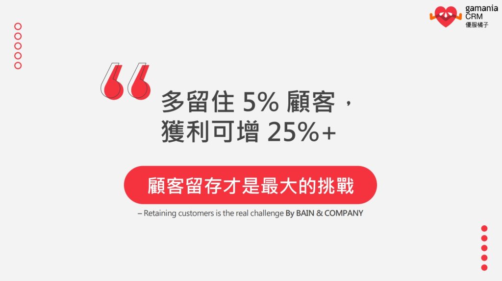 根據顧問公司 Bain & Company 的數據報告指出,多留住 5% 的顧客,能幫助品牌的獲利增加超過 25%。