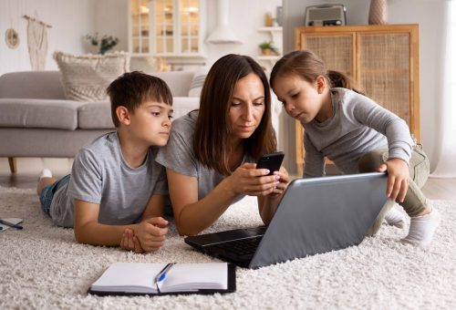 woman-working-from-home-with-kids-front-view